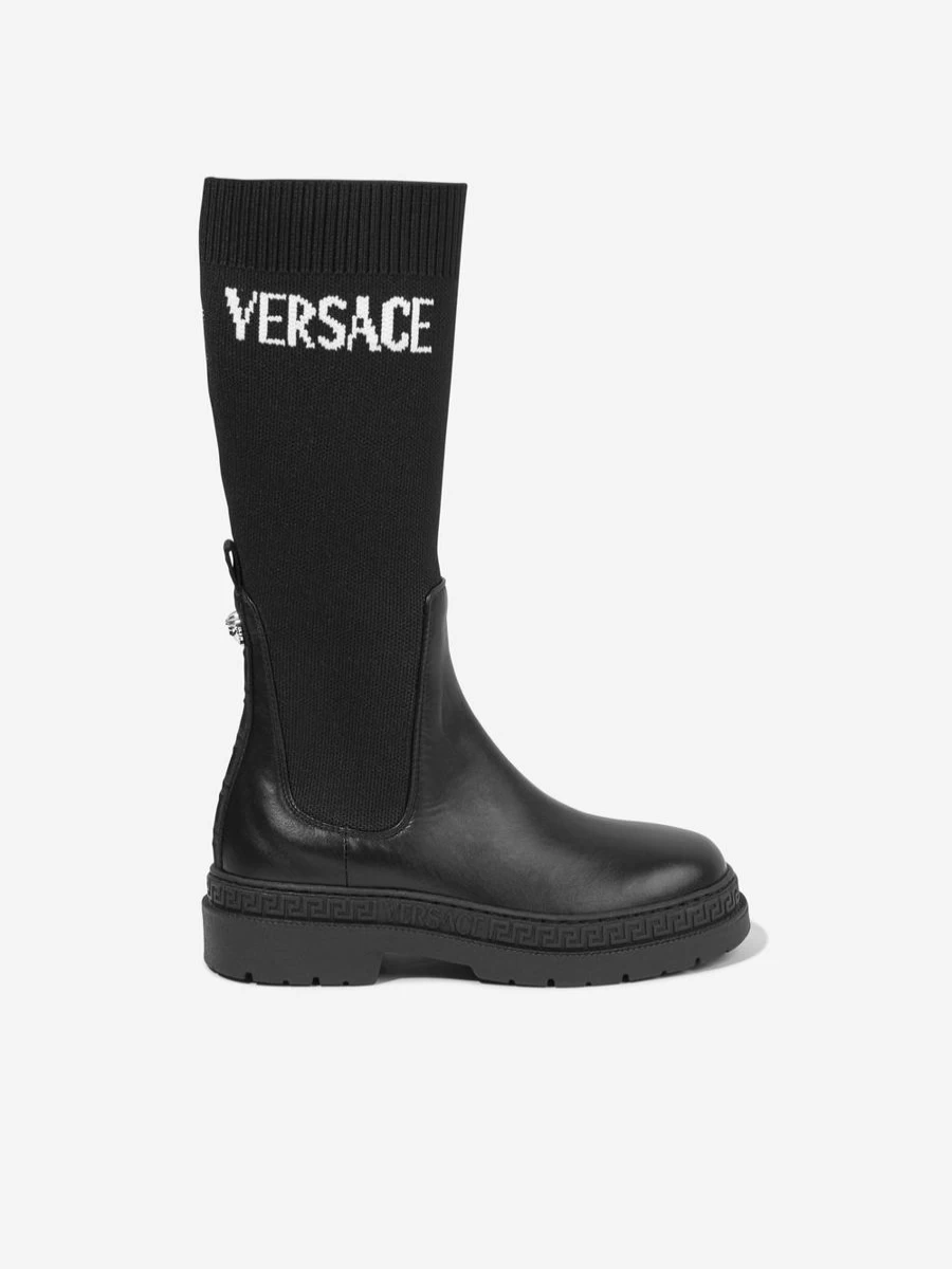 Versace Girls Black Leather Logo Boots for Kids Fashion