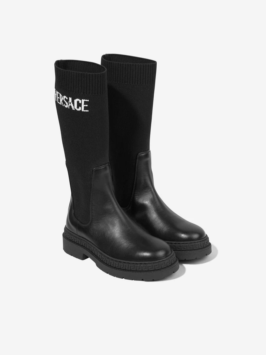 Versace Girls Black Leather Logo Boots for Kids Fashion