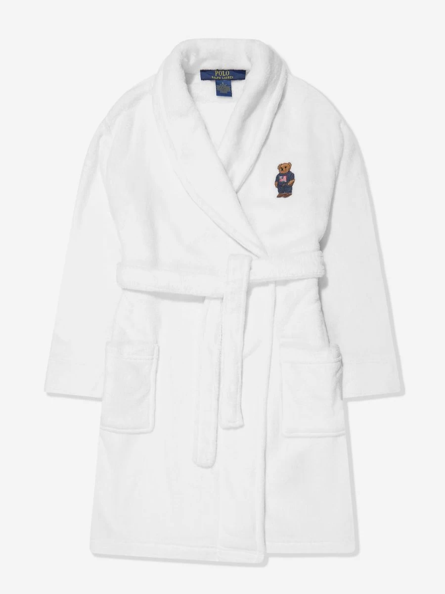 Ralph Lauren Kids Boys' White Bear Patch Bathrobe - Cozy Hooded Robe for Boys