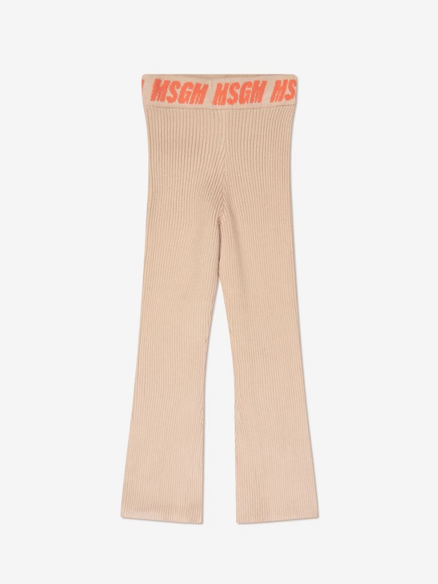 MSGM Girls Beige Rib-Knit Flared Pants for Stylish Comfort