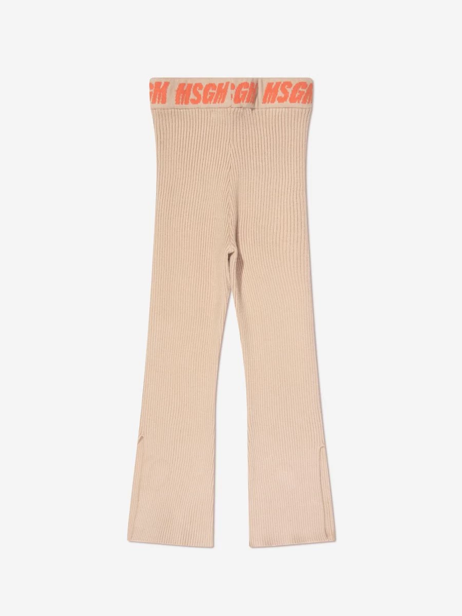 MSGM Girls Beige Rib-Knit Flared Pants for Stylish Comfort