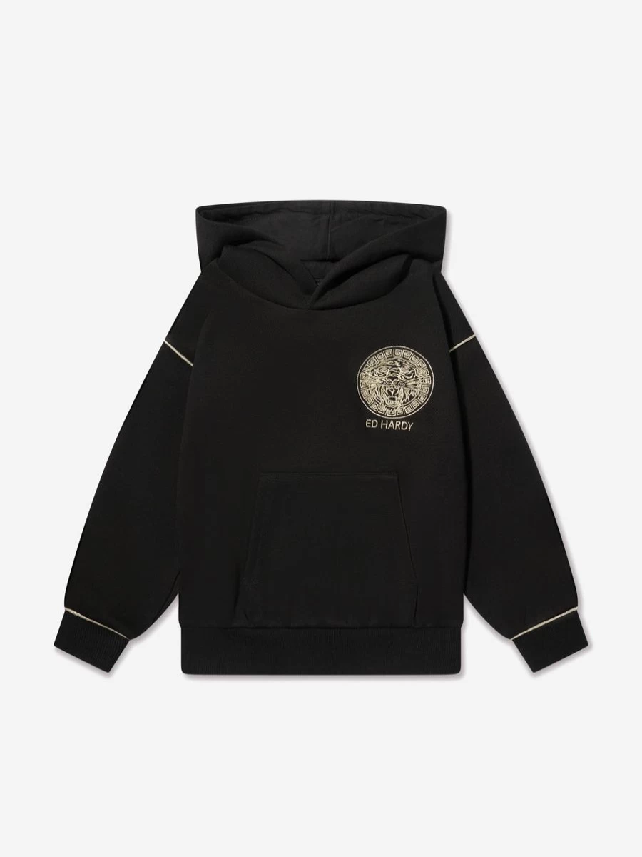 ED Hardy Boys' Black Logo Hoodie for Kids - Stylish & Comfortable Pullover