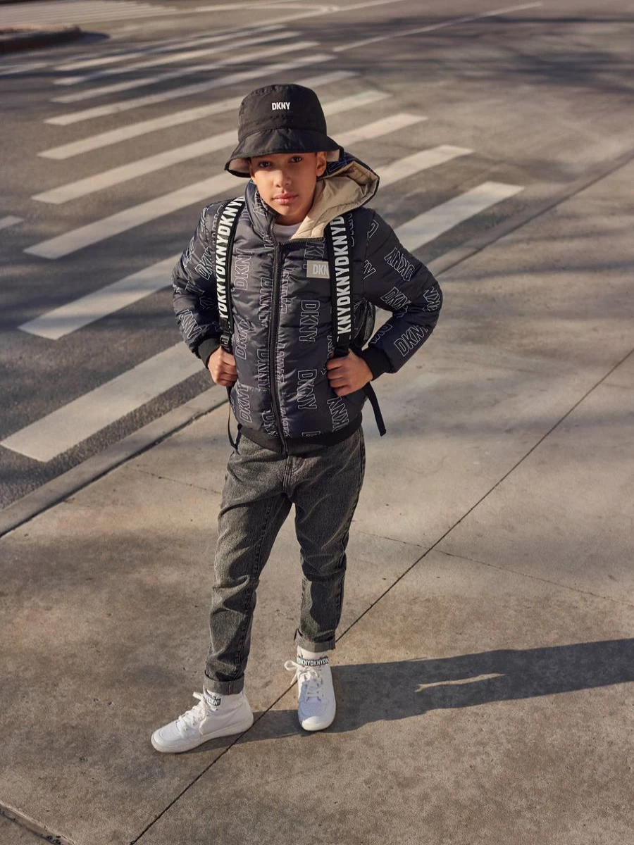 DKNY Boys' Reversible Black Puffer Jacket for Kids - Warm Winter Coat