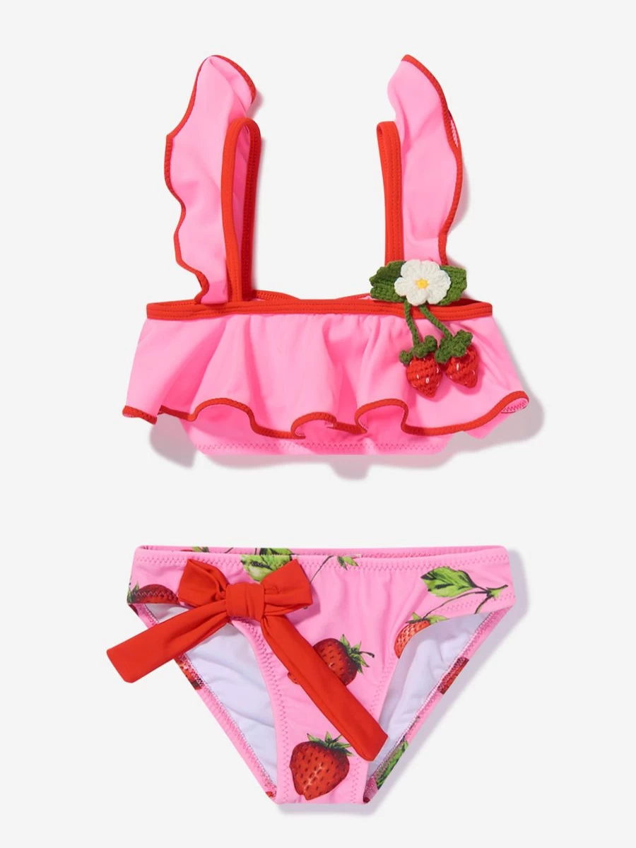 "Nessi Byrd Girls Pink Strawberry Ruffle Arina Bikini – Cute Swimwear for Kids"