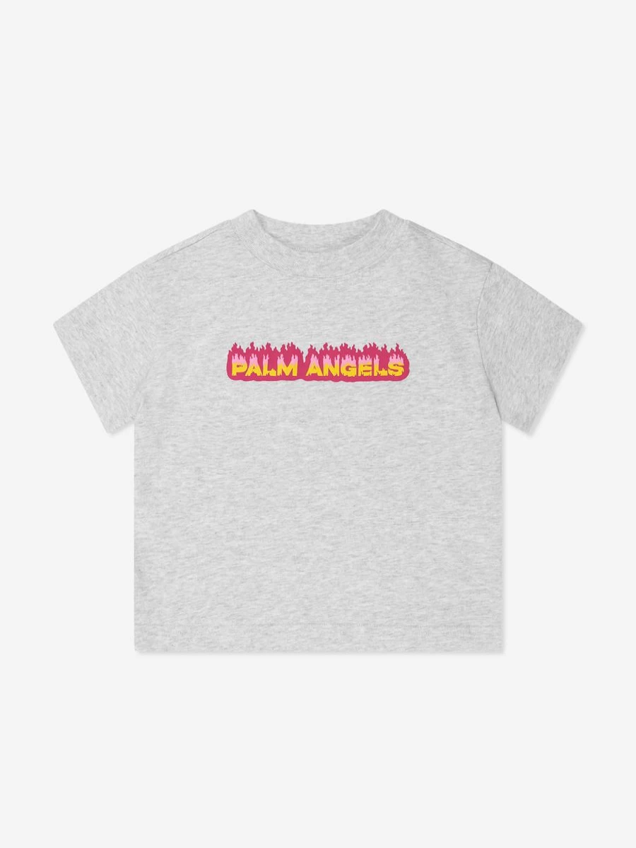 Palm Angels Teen Girls Grey Flames Logo T-Shirt
