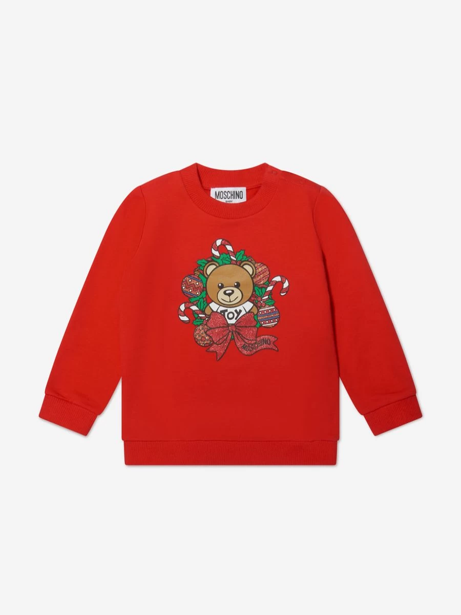 Moschino Kids Baby Red Holiday Teddy Bear Sweatshirt for Christmas