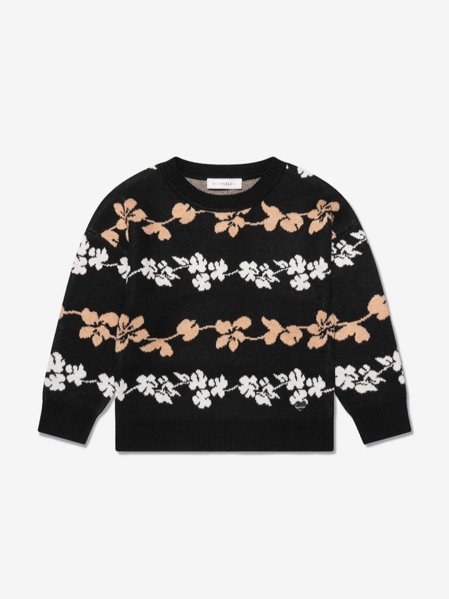 Monnalisa Girls Black Jacquard Knitted Jumper - Elegant & Stylish Kids Sweater