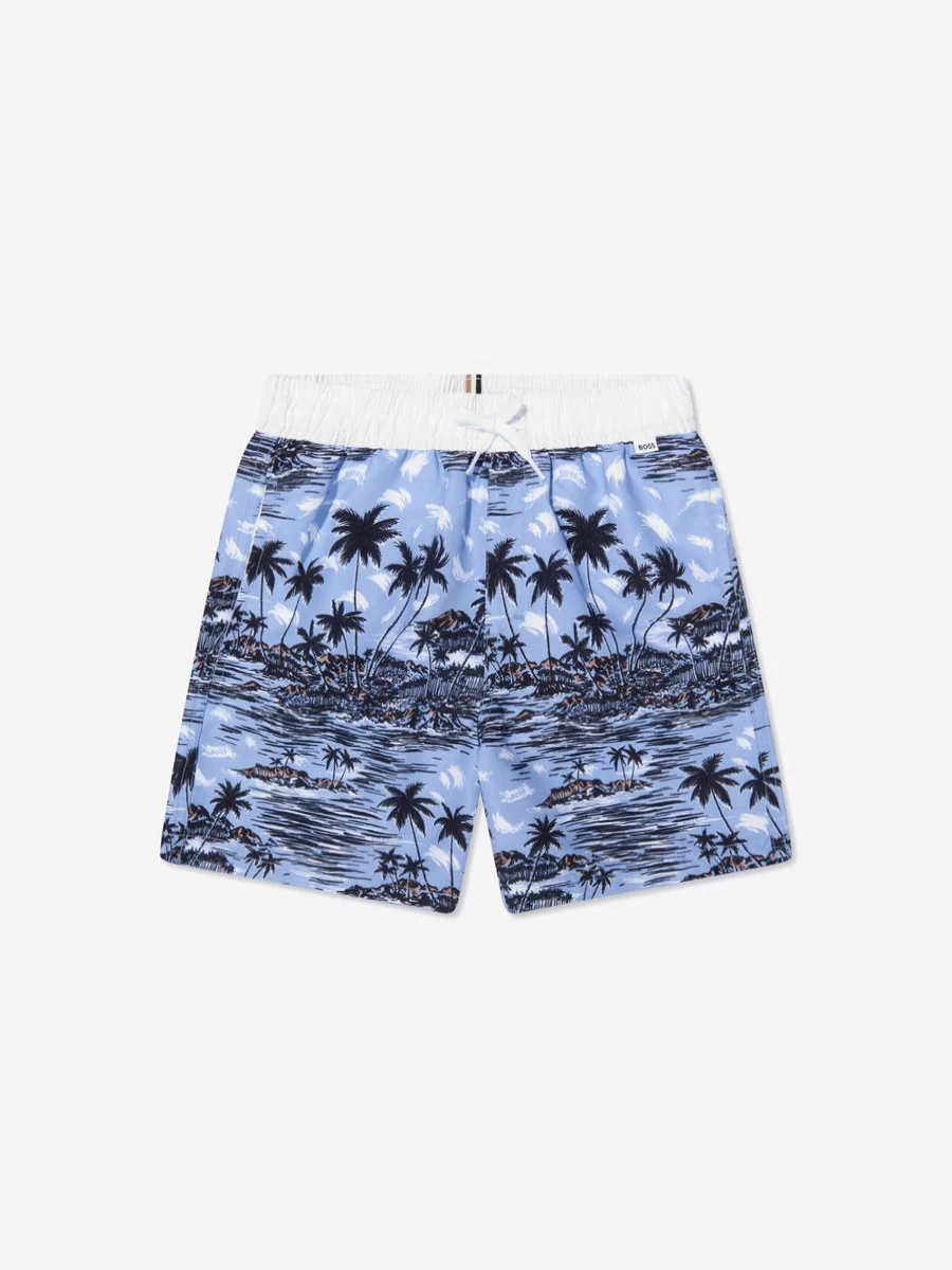 BOSS Boys' Blue Tropical Print Swim Shorts | Summer Beachwear for Kids