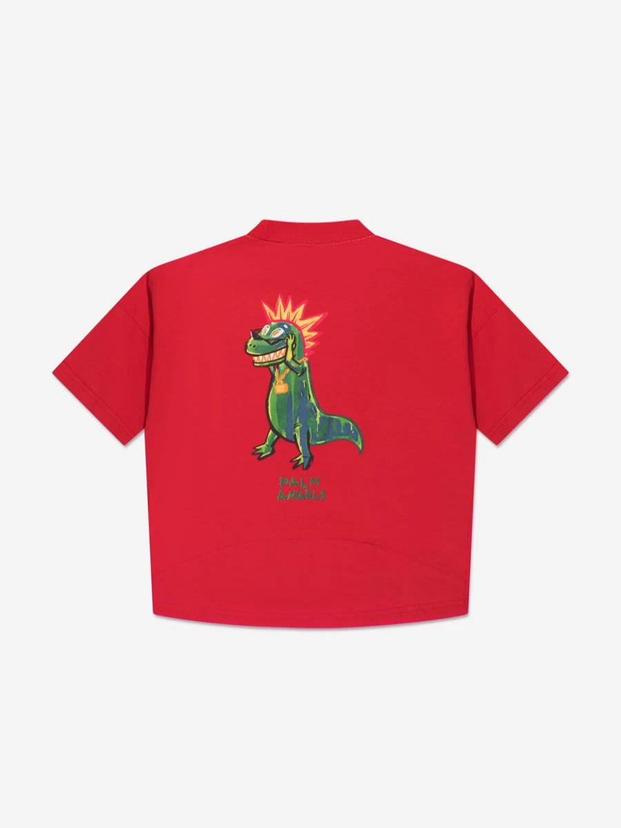 Palm Angels Teen Boys Red Dinosaur Punk Graphic Checkered T-Shirt