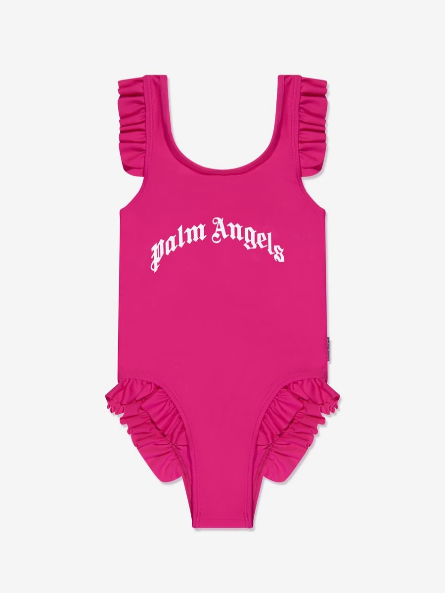 Palm Angels Teen Girls Pink Curved Logo Swimsuit for Summer Beach Wear