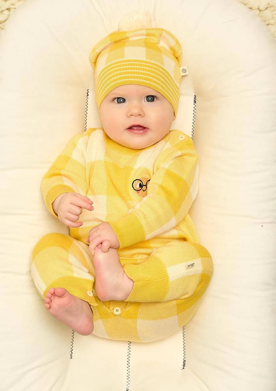 The Bonnie Mob Boys' Yellow Baby Check Jacquard Romper - Stylish & Comfortable Outfit