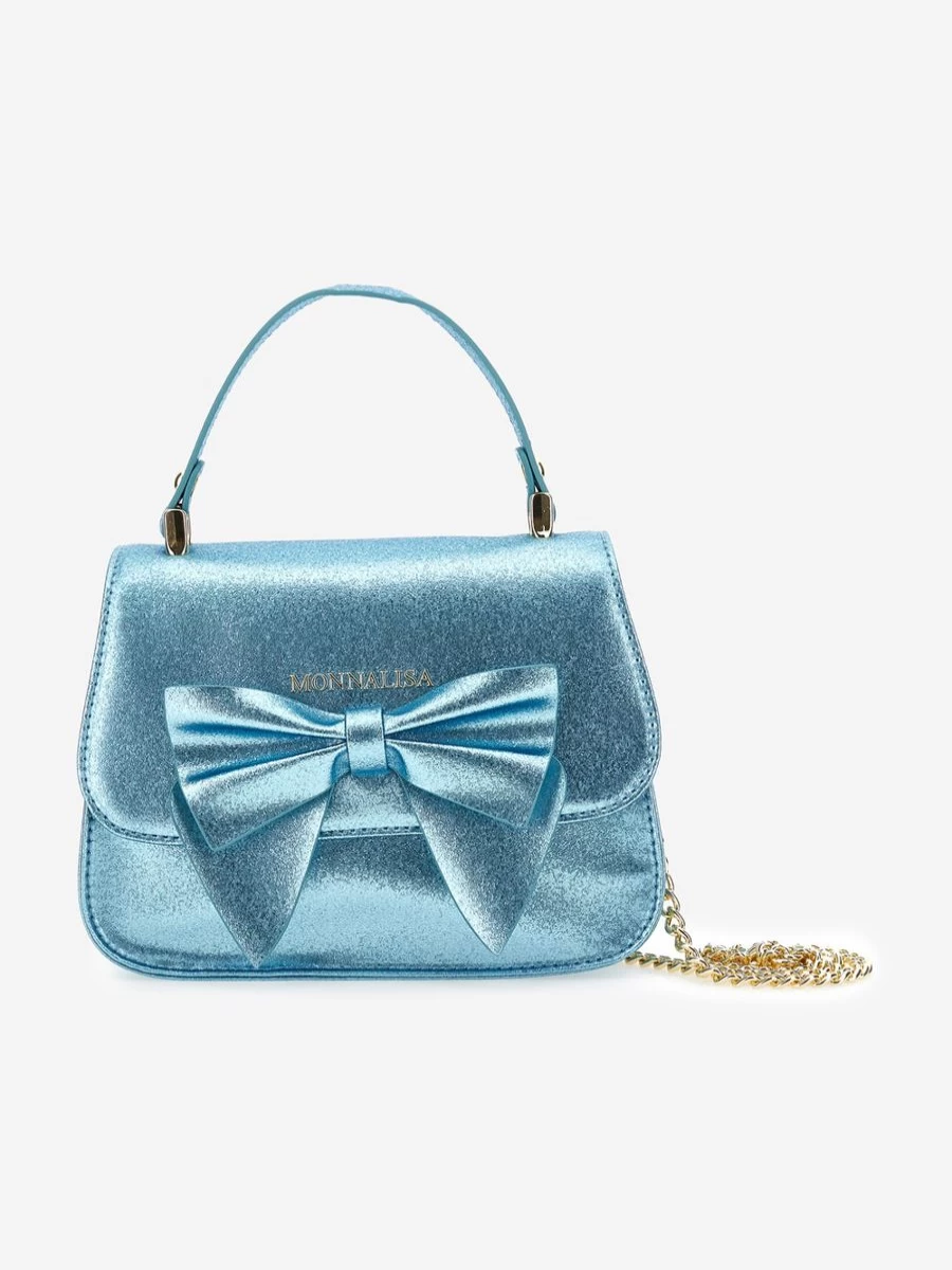Monnalisa Girls Blue Glitter Bow Handbag 21cm Sparkly Party Purse for Kids