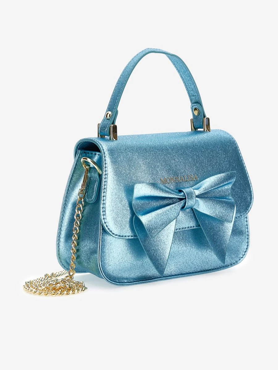 Monnalisa Girls Blue Glitter Bow Handbag 21cm Sparkly Party Purse for Kids