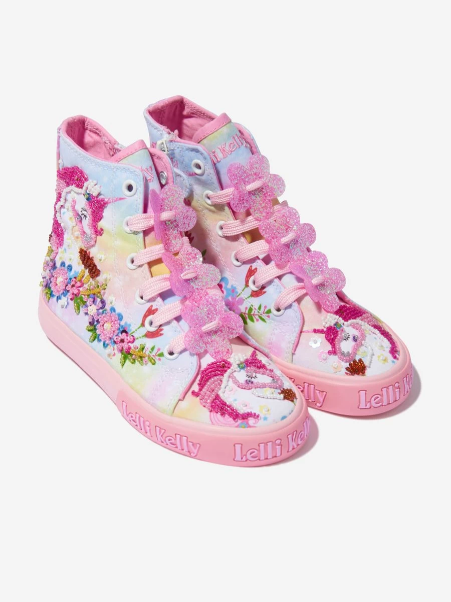 Lelli Kelly Girls Unicorn Pink High Top Sneakers - Sparkly Kids Athletic Shoes