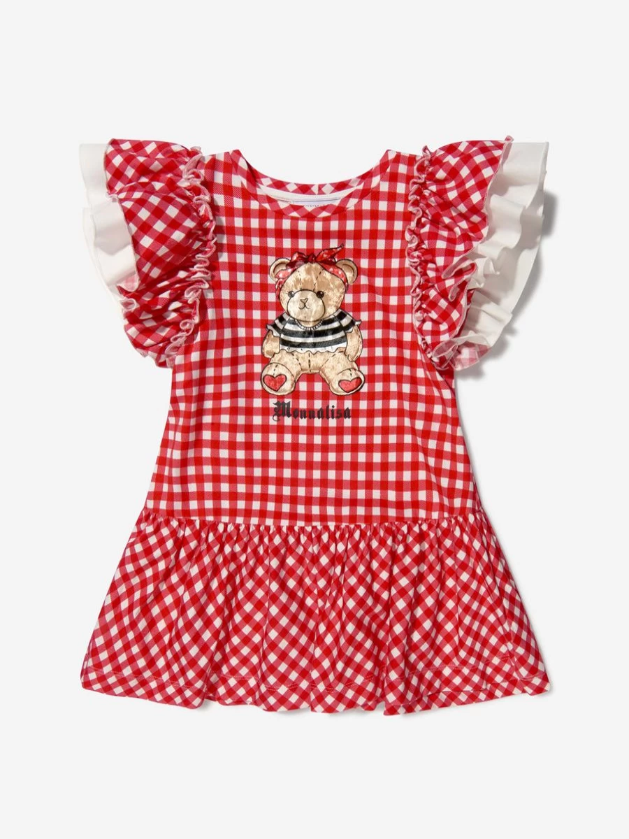 Monnalisa Girls Cotton Gingham Teddy Bear Dress - Cute & Comfortable Summer Dress for Toddlers