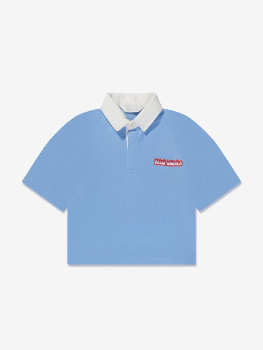 Palm Angels Boys Blue Flames Oversized Polo Shirt for Streetwear Fashion