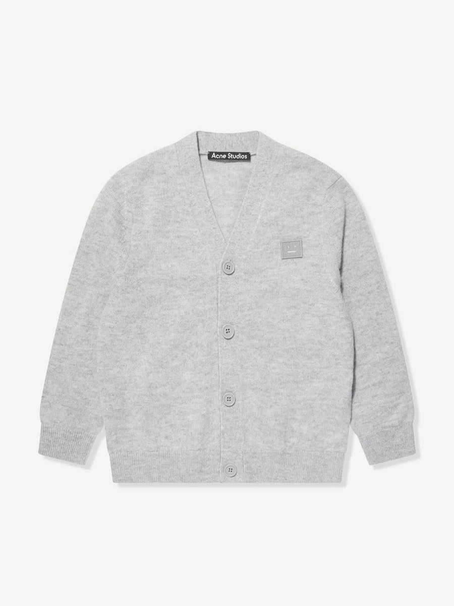 "Acne Studios Grey Wool Logo Cardigan for Girls – Kids' Cozy Knit Sweater"
