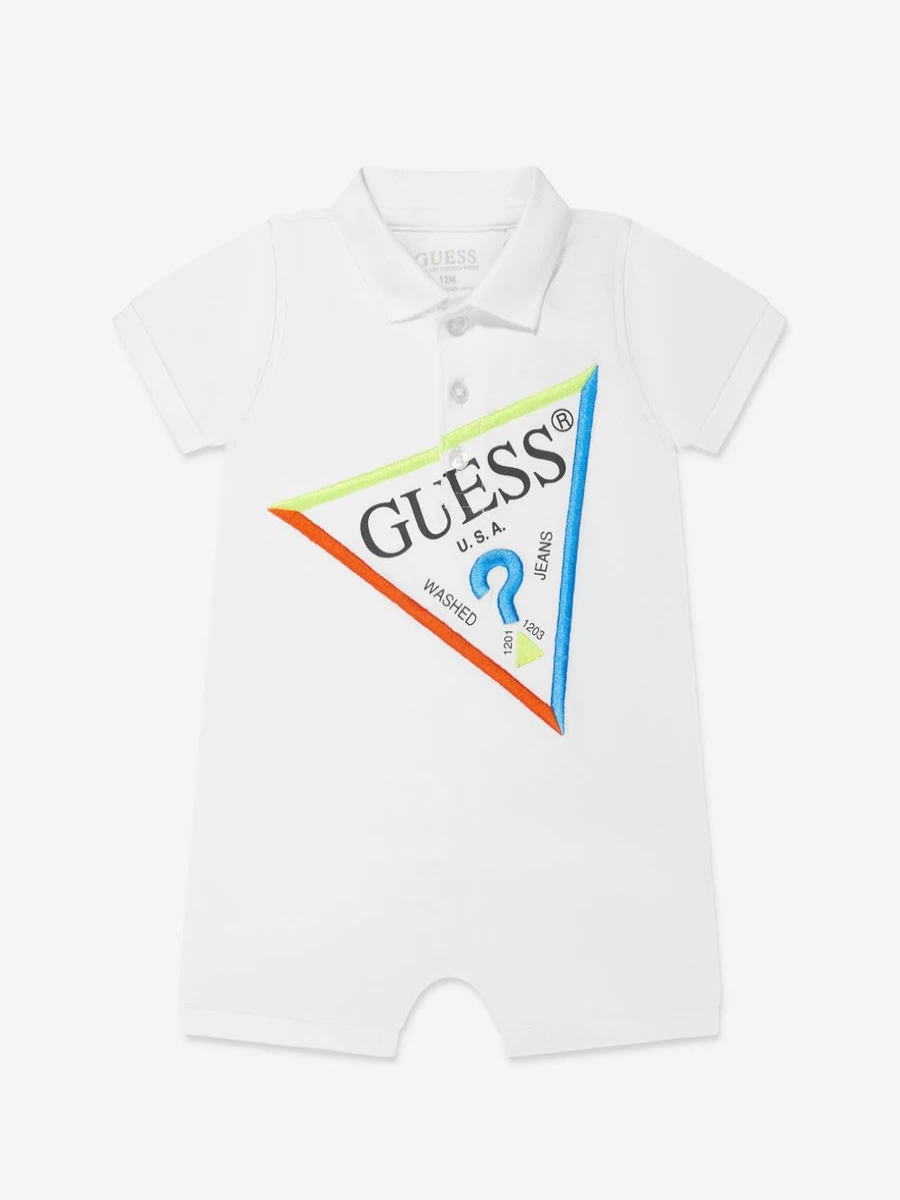Guess Baby Boys White Logo Romper - Soft Cotton Bodysuit for Infants