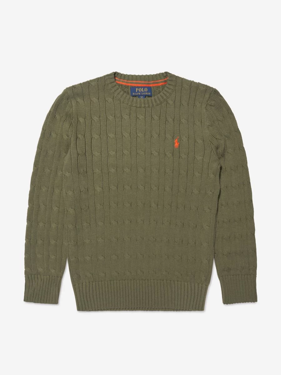 Ralph Lauren Kids Boys Green Cable Knit Sweater - Classic Crewneck Pullover for Boys