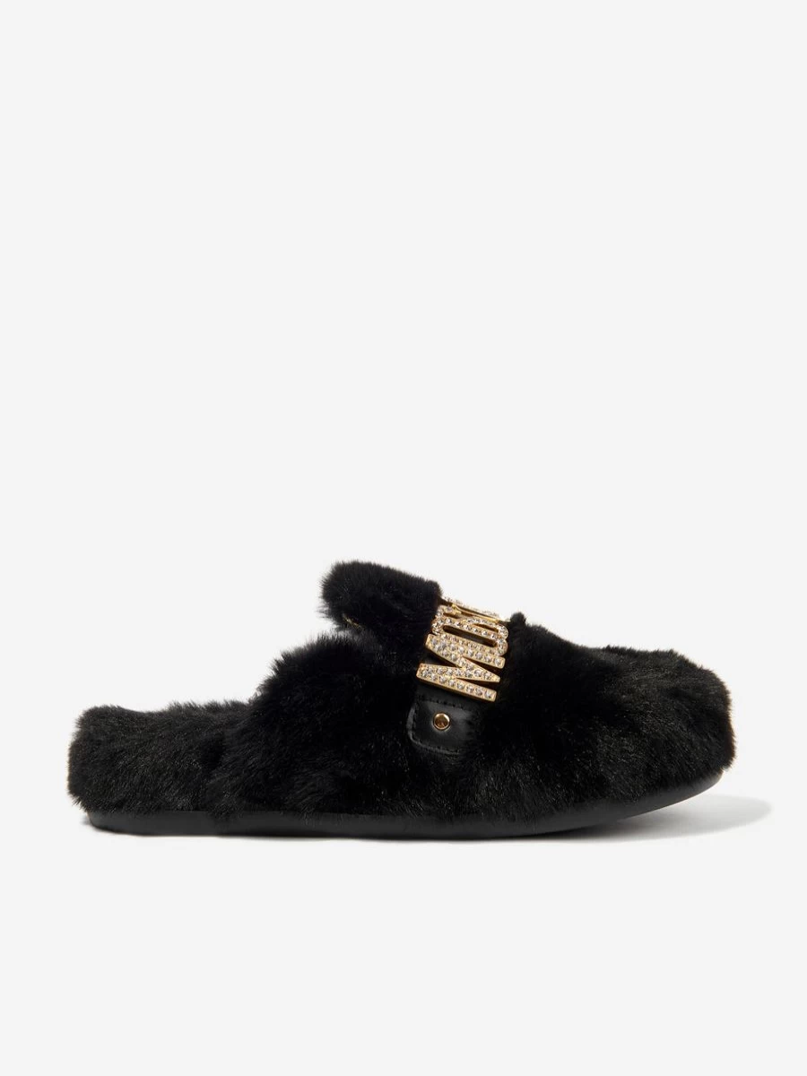 Moschino Kids Girls Black Faux Fur Logo Slippers