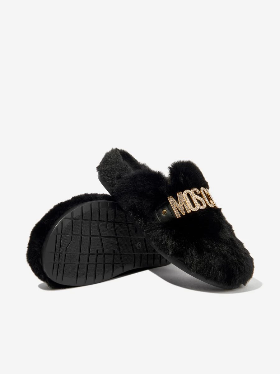 Moschino Kids Girls Black Faux Fur Logo Slippers