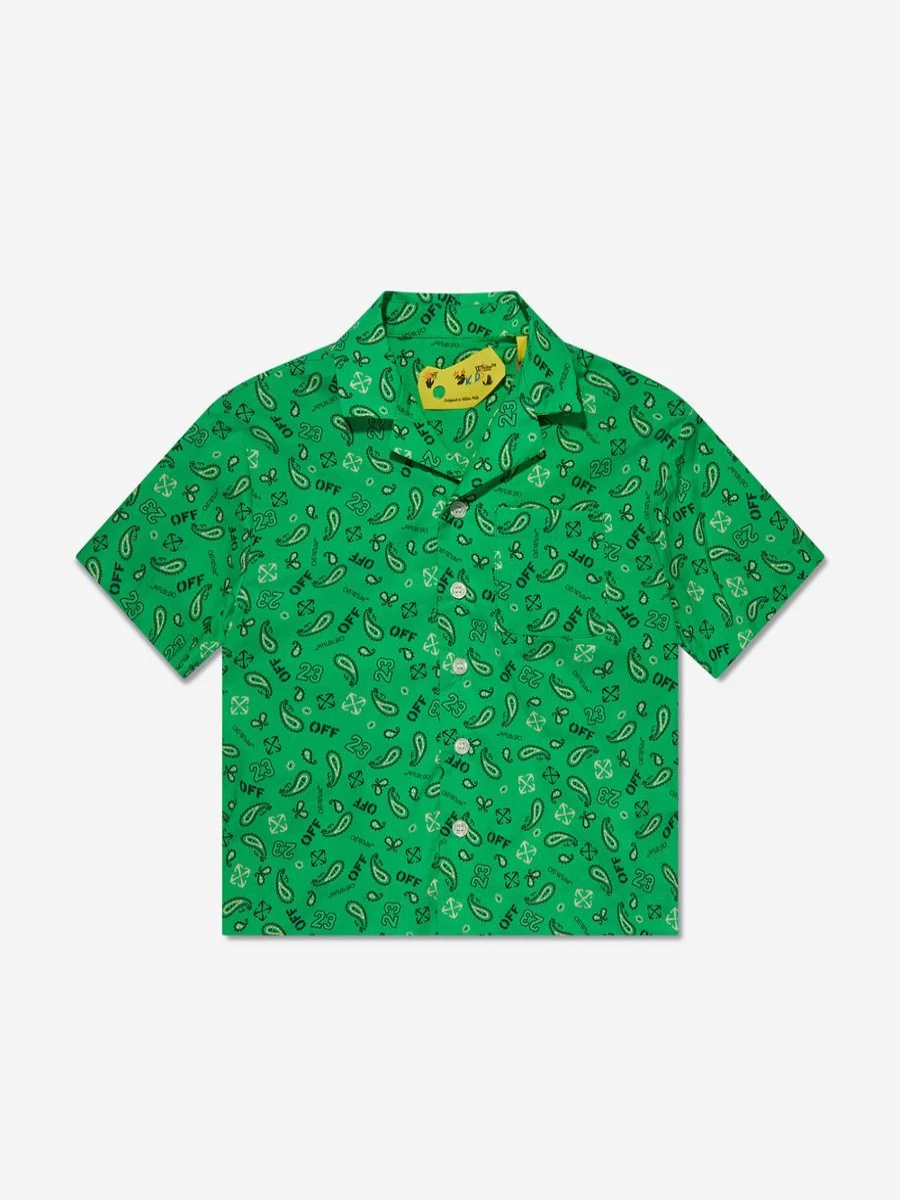 Off-White Teen Boys Green Bandana Print Bowling Shirt