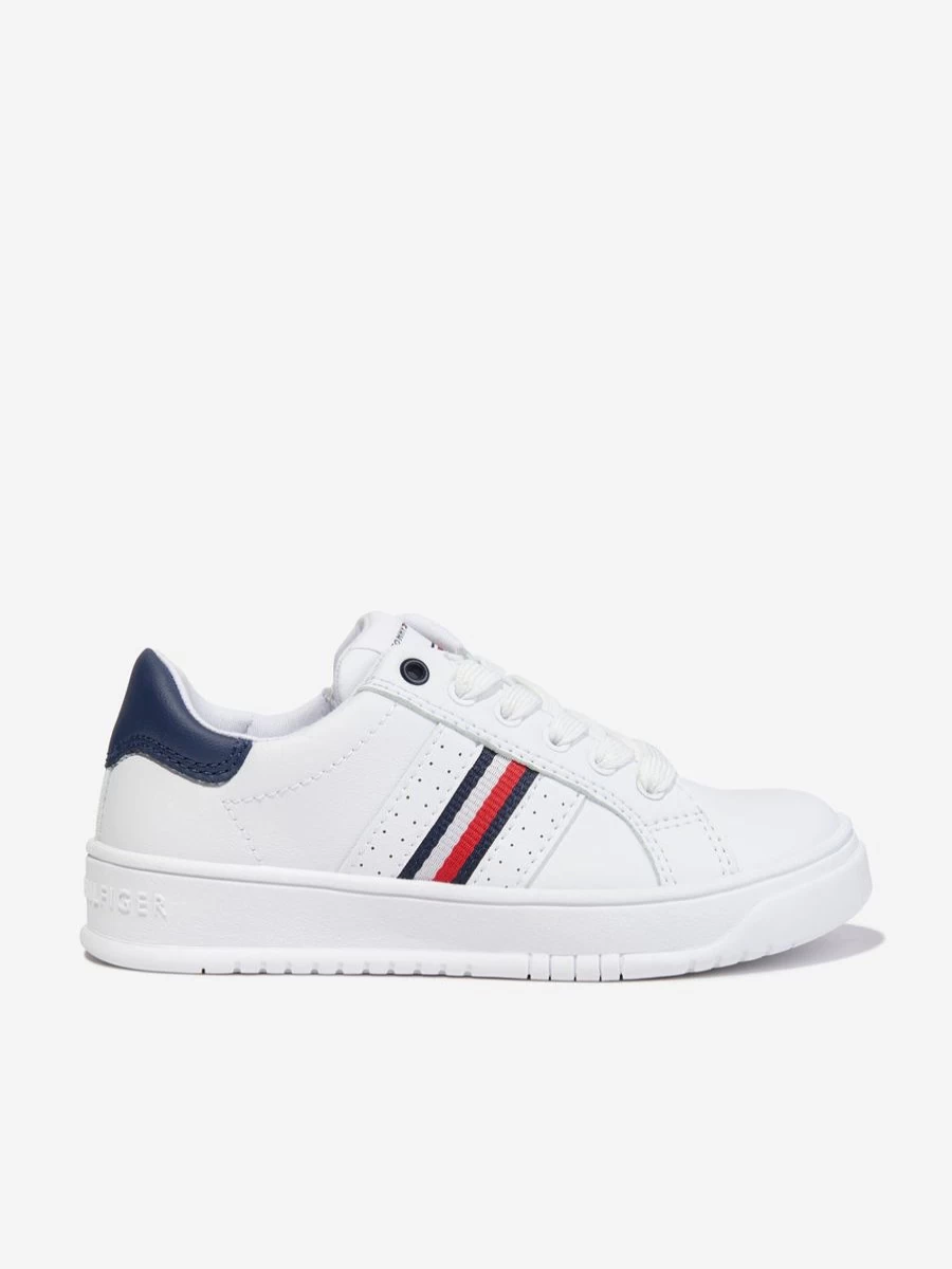 Tommy Hilfiger Girls White Striped Low Top Lace-Up Sneakers for Kids