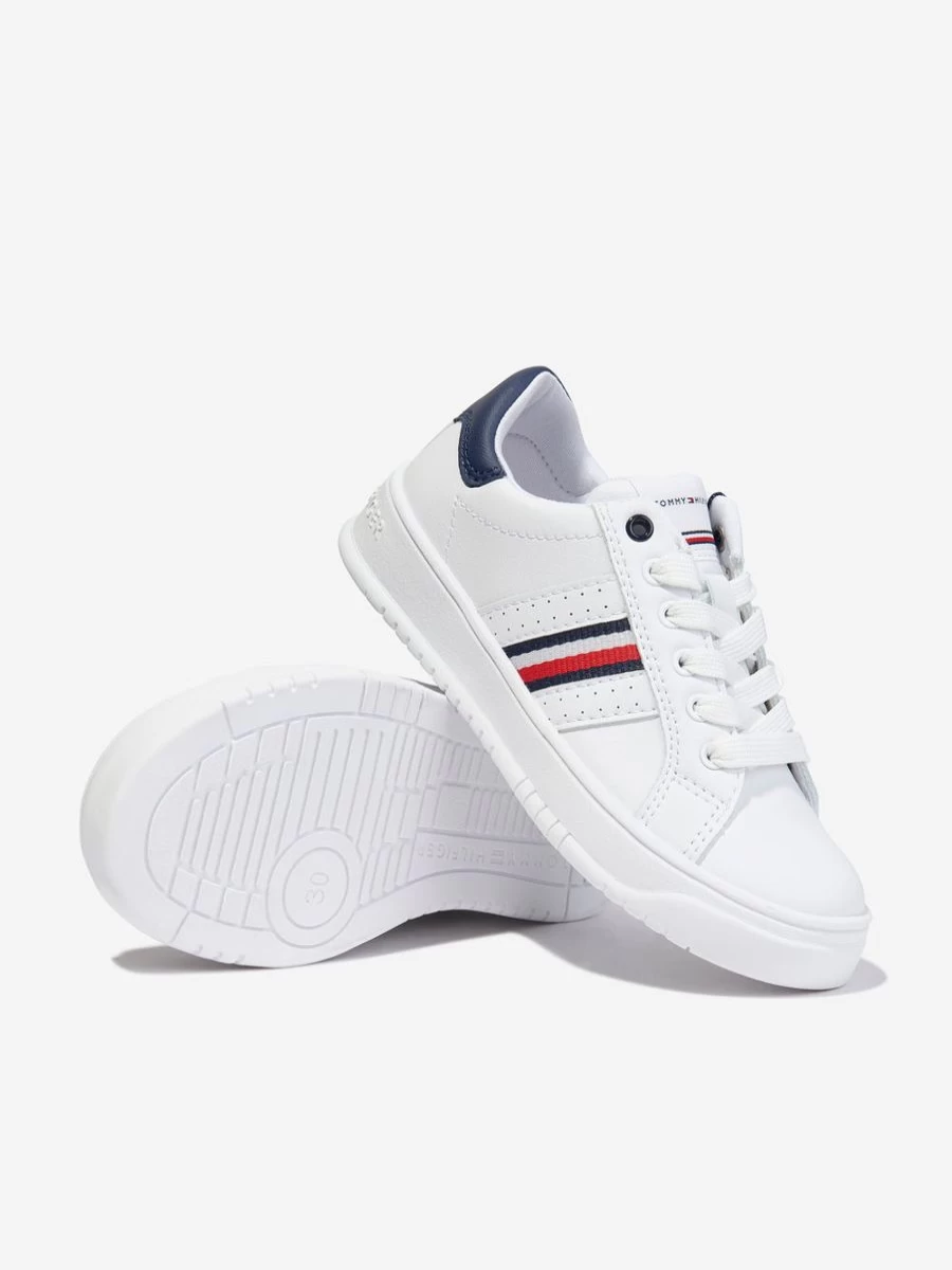 Tommy Hilfiger Girls White Striped Low Top Lace-Up Sneakers for Kids