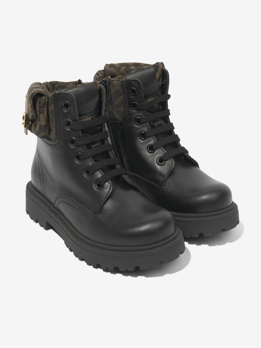 Fendi Kids Girls Black Leather Baguette Biker Boots for Children