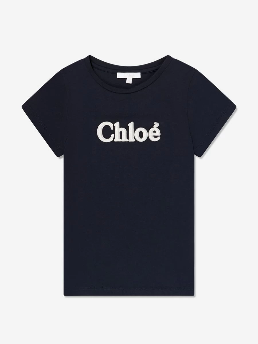Chloé Girls Navy Logo T-Shirt for Kids - Stylish Cotton Tee with Branded Design