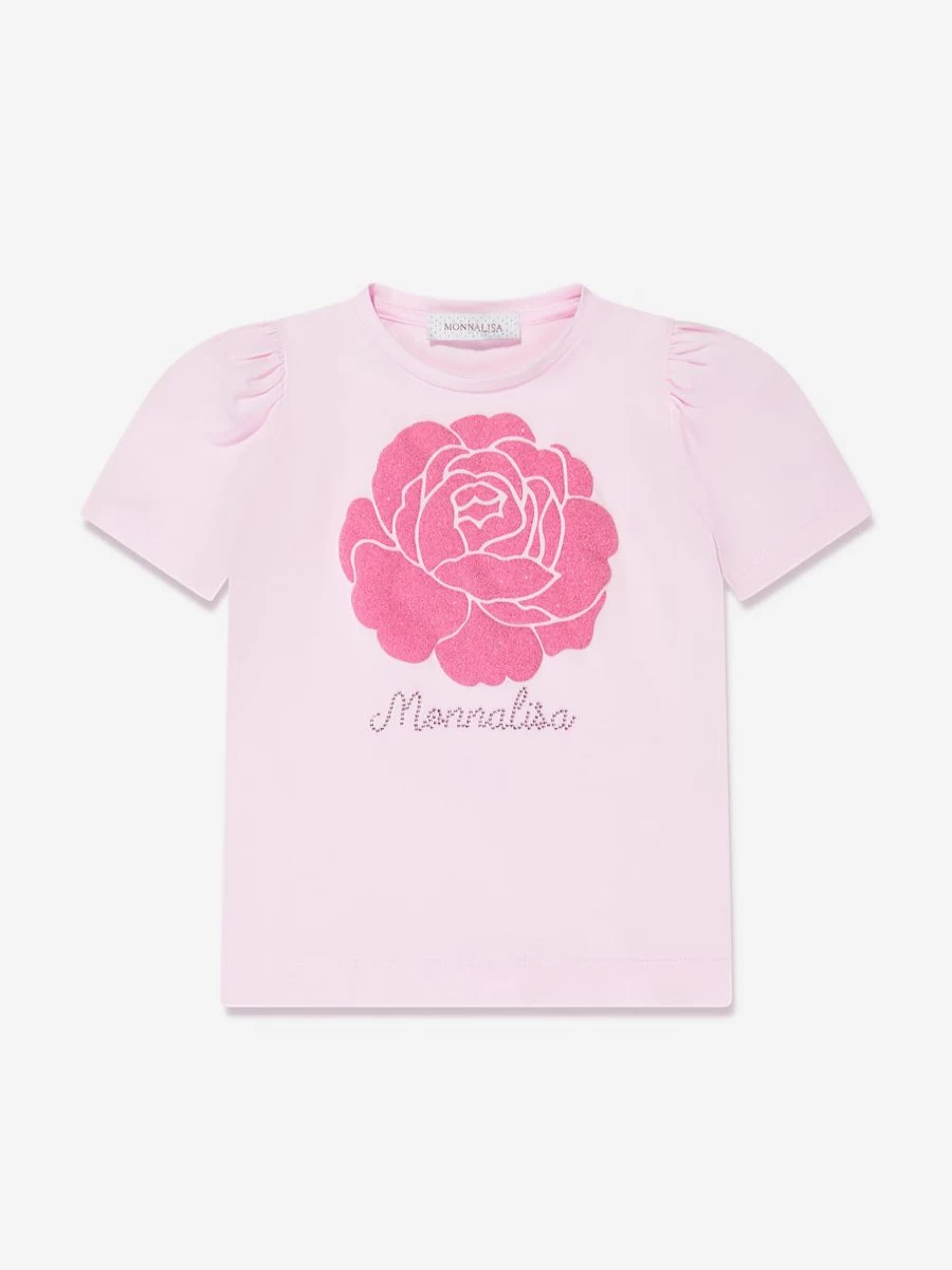 Monnalisa Pink Glitter Rose Graphic T-Shirt for Girls - Sparkling Casual Top