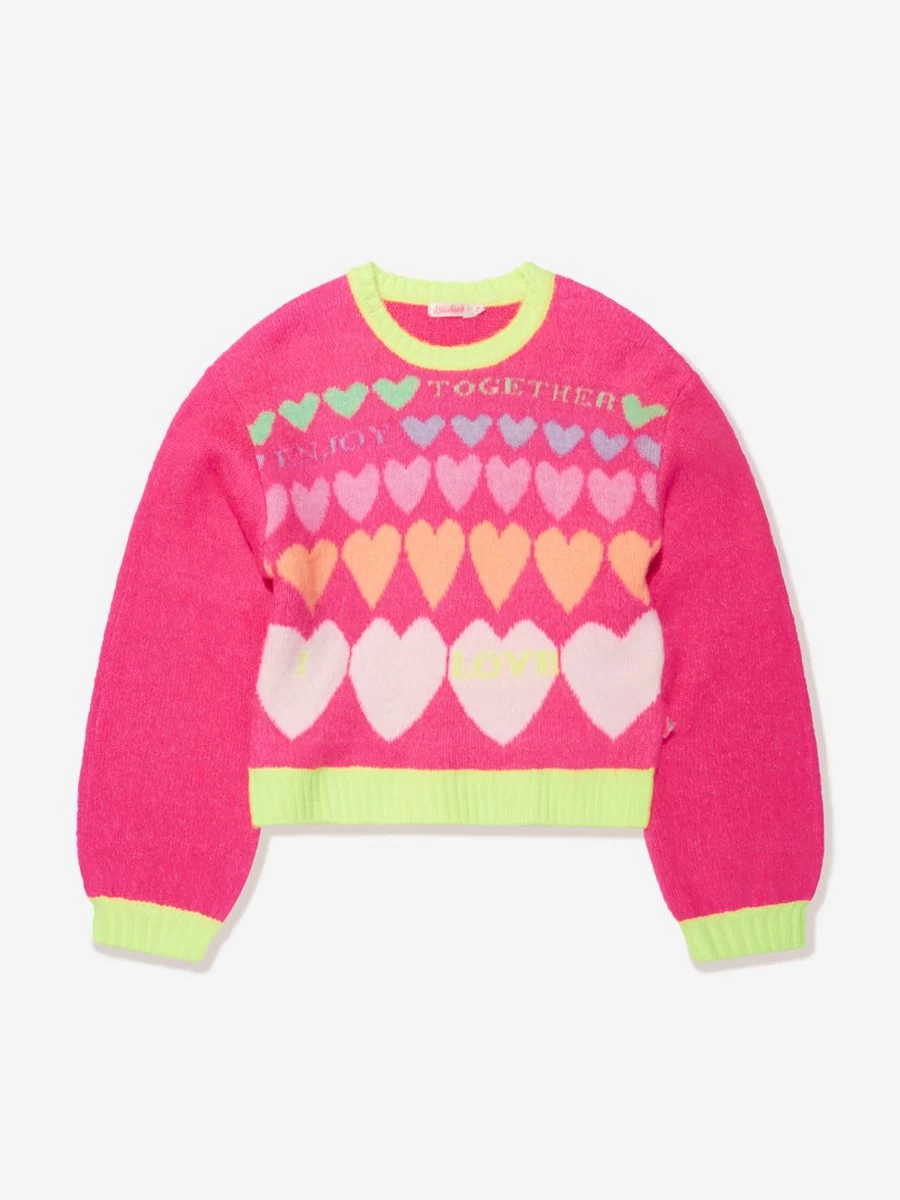 Billieblush Girls Pink Knitted Hearts Sweater - Cute Heart Pattern Jumper for Girls