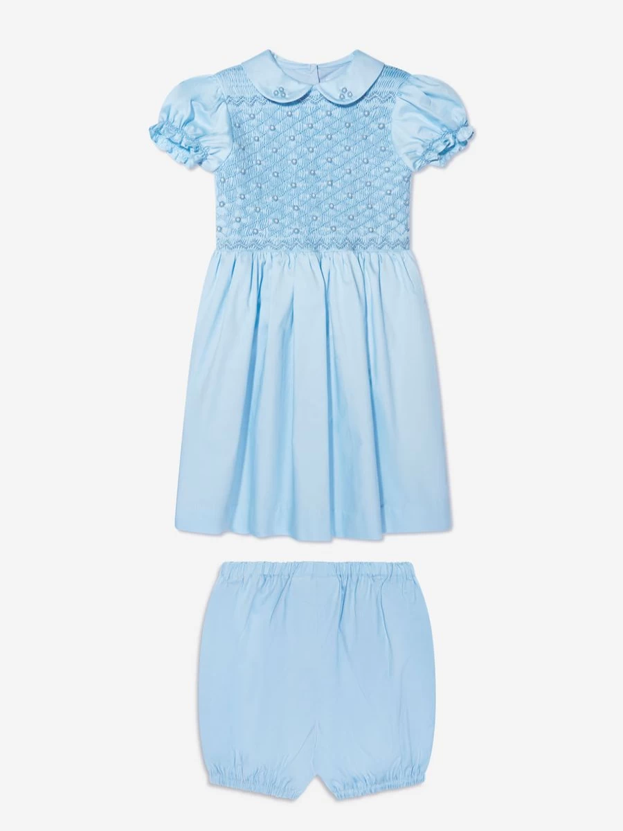 Rachel Riley Baby Girls Blue Rose Smocked Dress with Bloomers - Floral Summer Outfit
