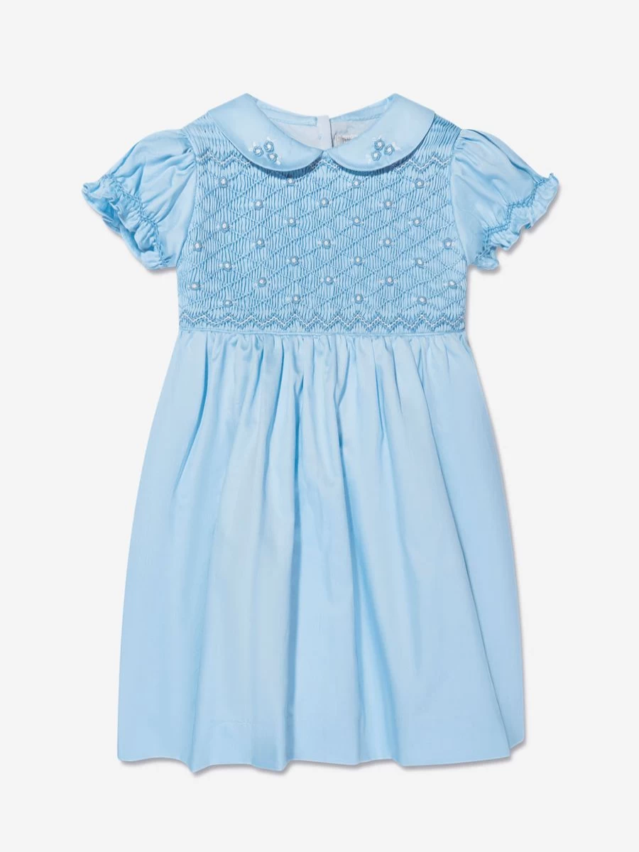Rachel Riley Baby Girls Blue Rose Smocked Dress with Bloomers - Floral Summer Outfit