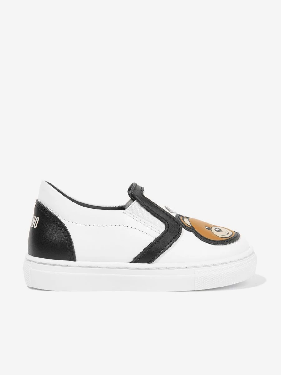 Moschino Kids Boys White Leather Slip-On Trainers | Stylish & Comfortable Sneakers