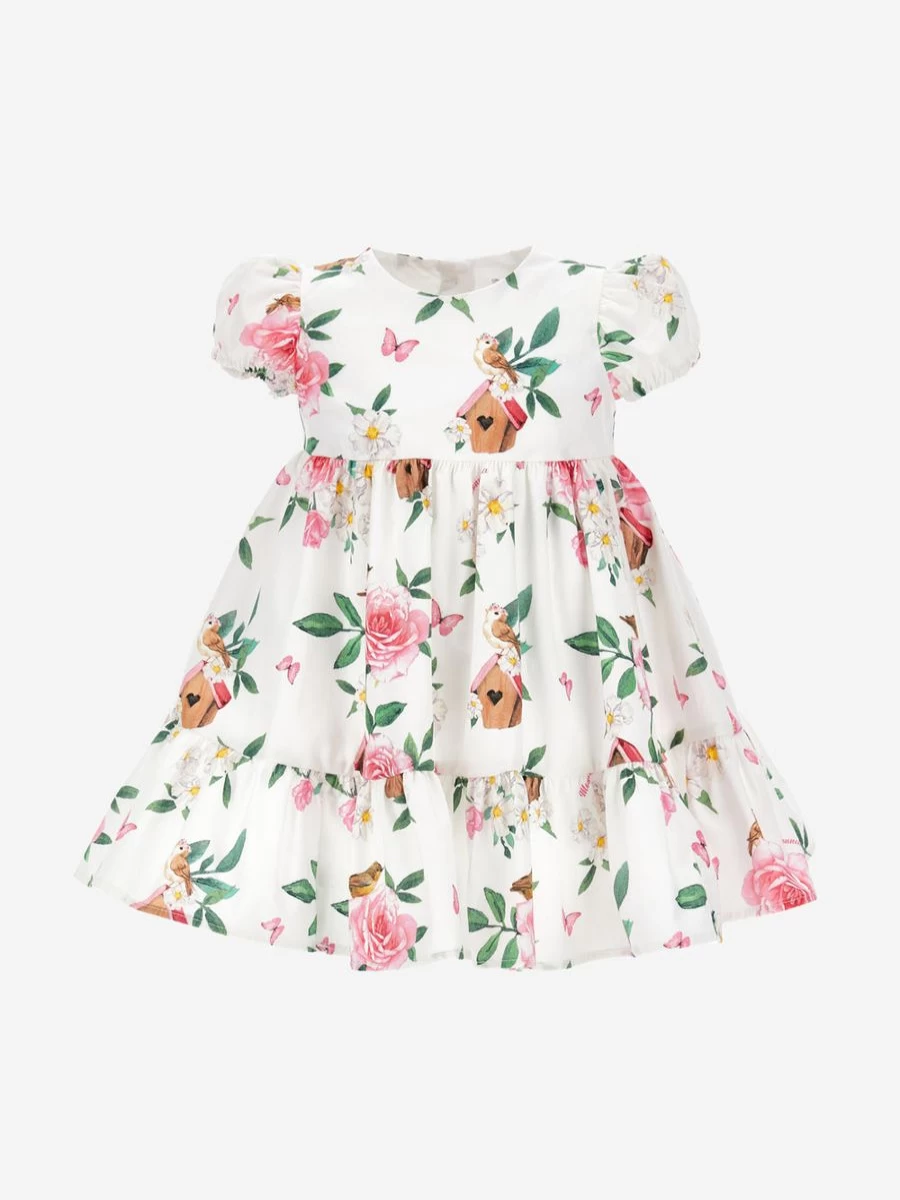 Monnalisa Baby Girls White Garden Dress with Bird Box Design