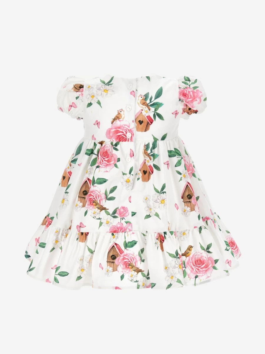 Monnalisa Baby Girls White Garden Dress with Bird Box Design