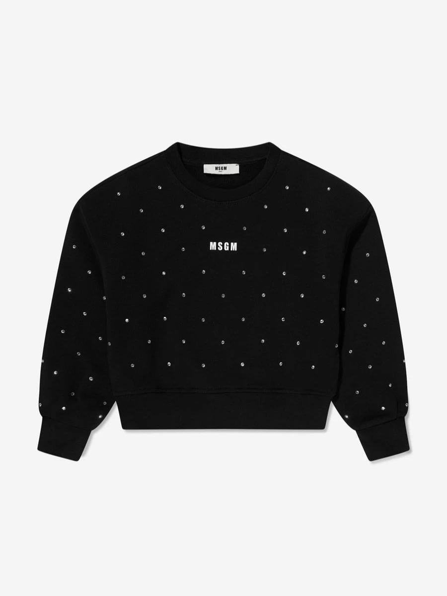 MSGM Girls Black Diamante Logo Sweatshirt | Embellished Hoodie for Teens