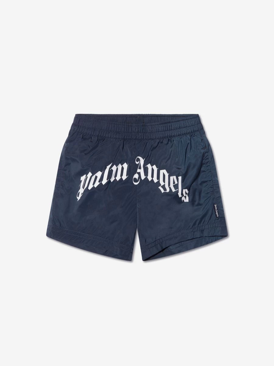 Palm Angels Boys Navy Curved Logo Swim Shorts for Kids