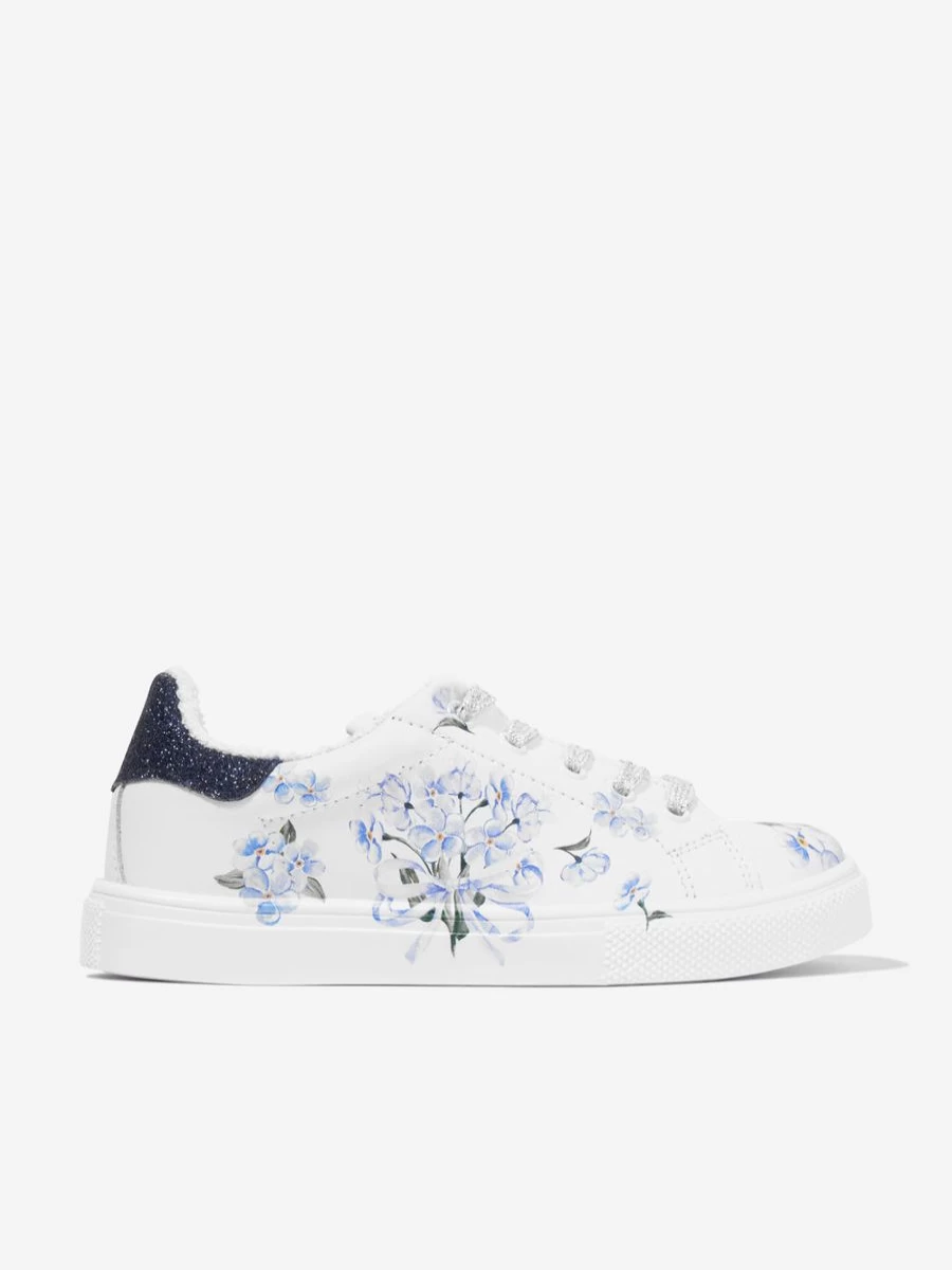 Monnalisa Girls White Floral Leather Sneakers – Stylish Kids Trainers