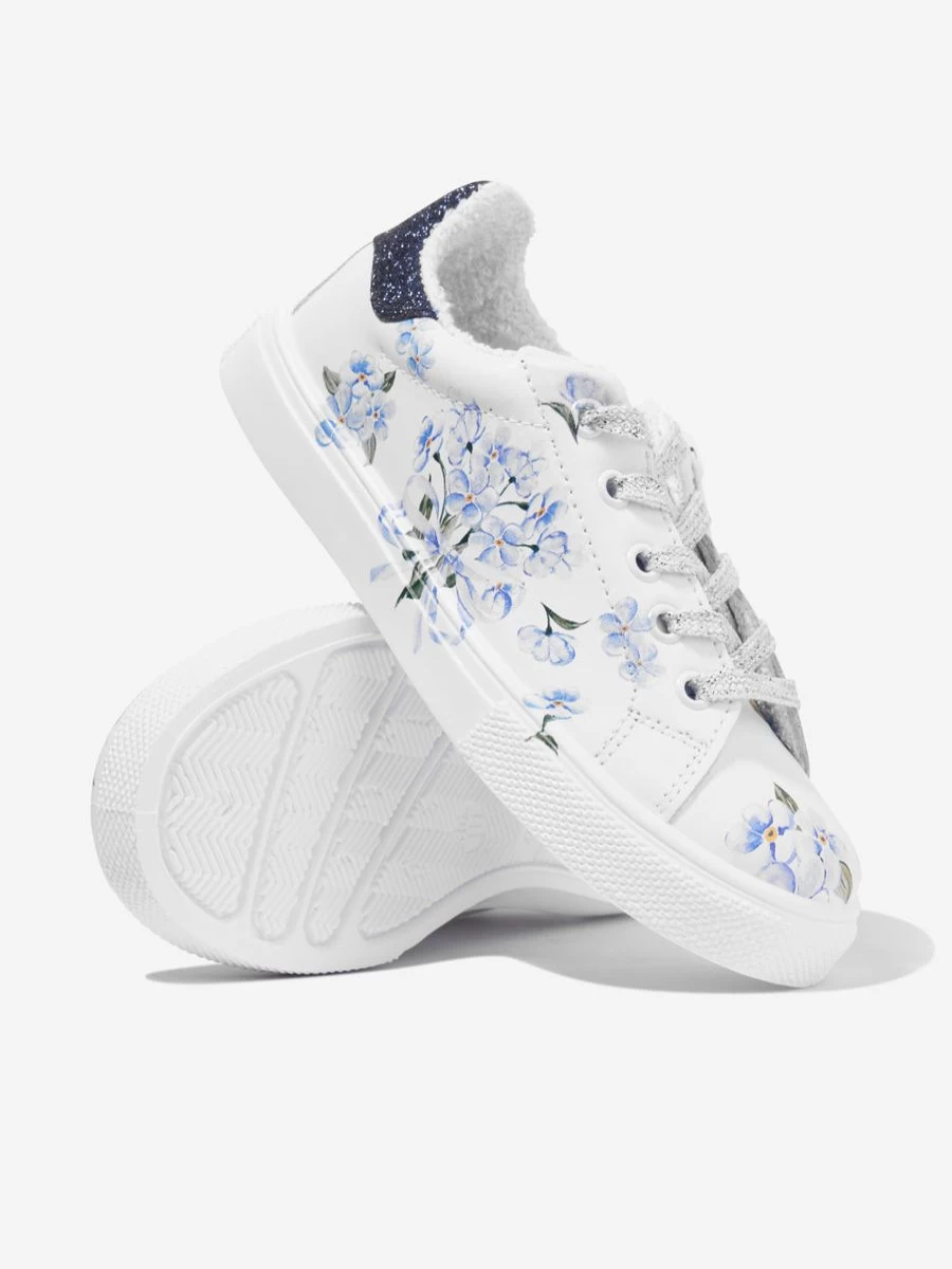 Monnalisa Girls White Floral Leather Sneakers – Stylish Kids Trainers