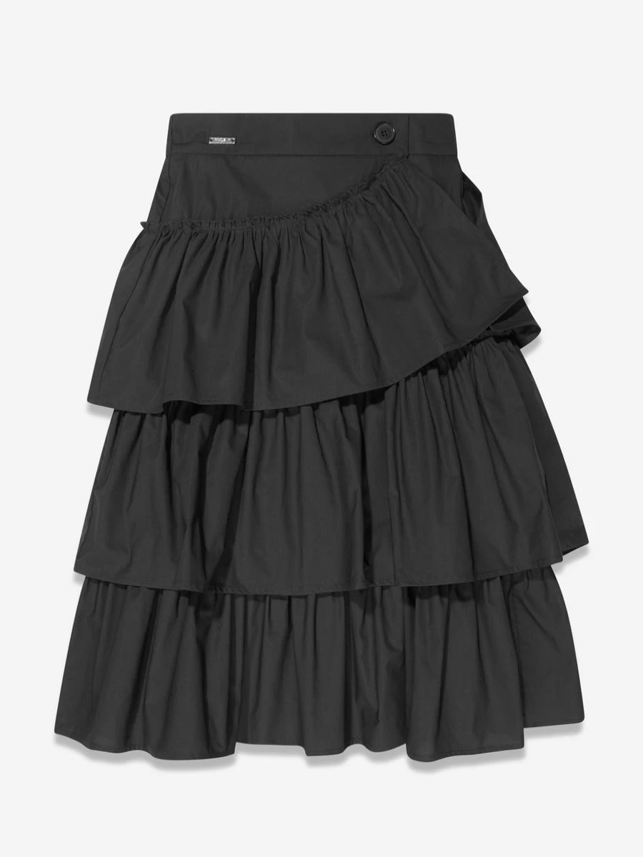 Monnalisa Girls Black Ruffled Maxi Skirt for Kids - Elegant Flowy Children's Dress Skirt