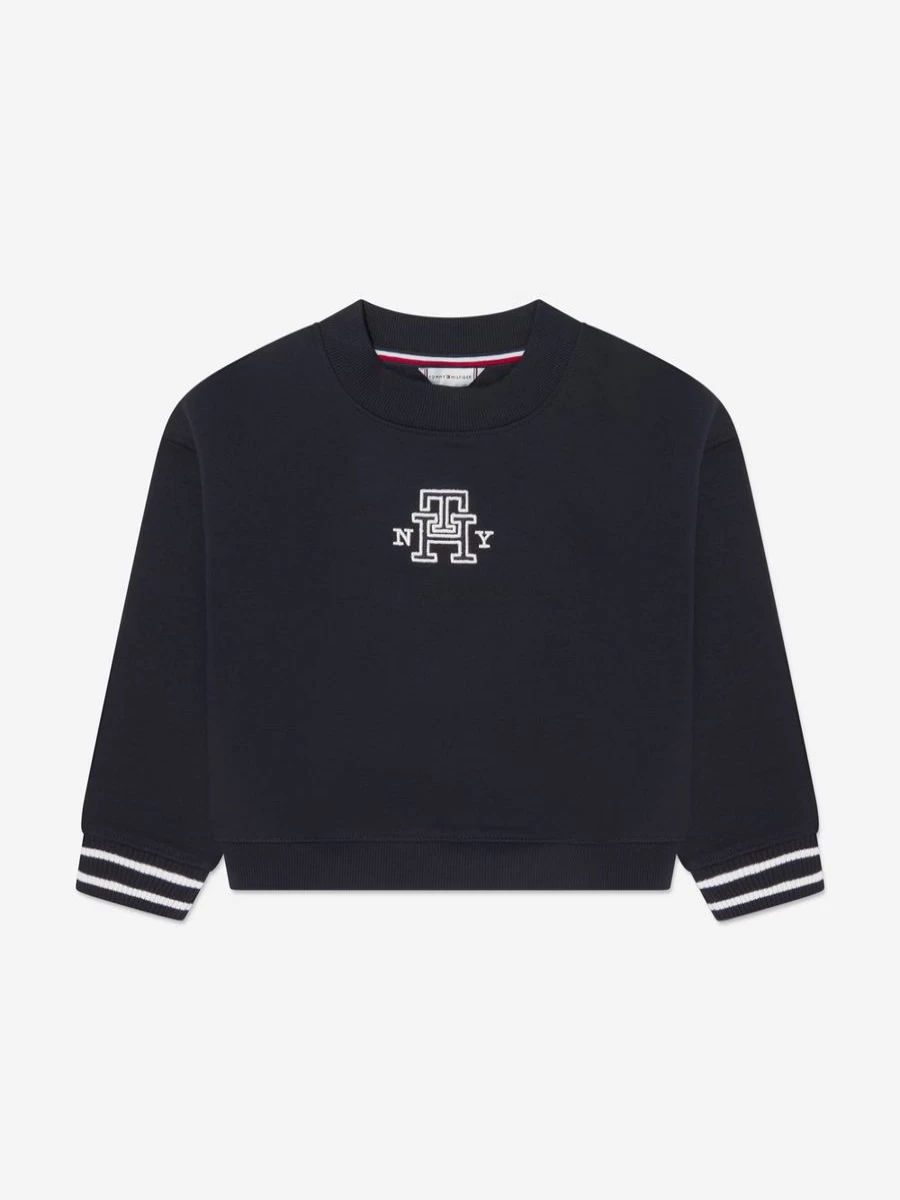 Tommy Hilfiger Girls Navy Satin Applique Monogram Sweatshirt for Kids