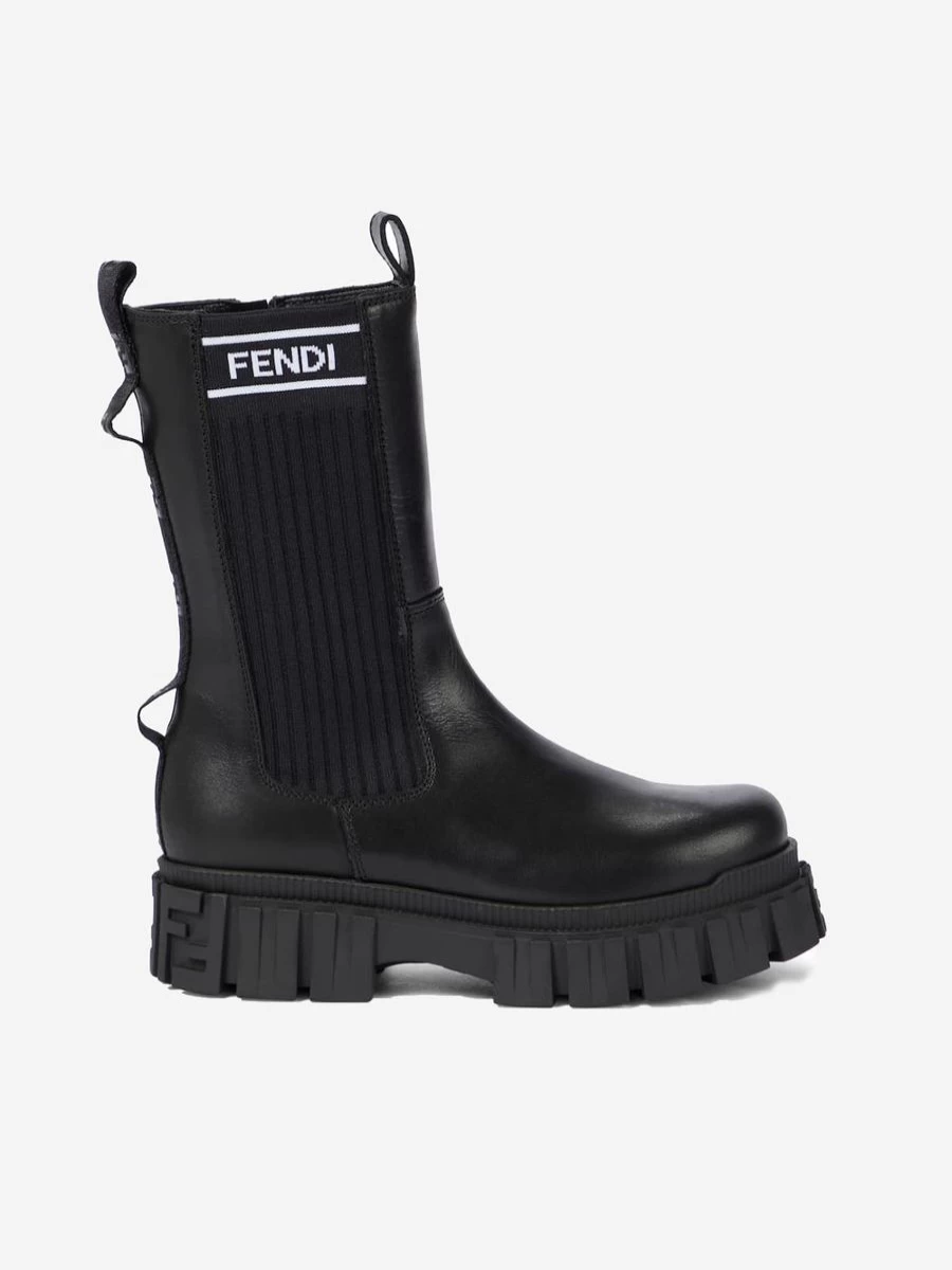 Fendi Kids Girls Leather Biker Boots with Chunky Logo - Stylish & Comfortable Footwear for Girls