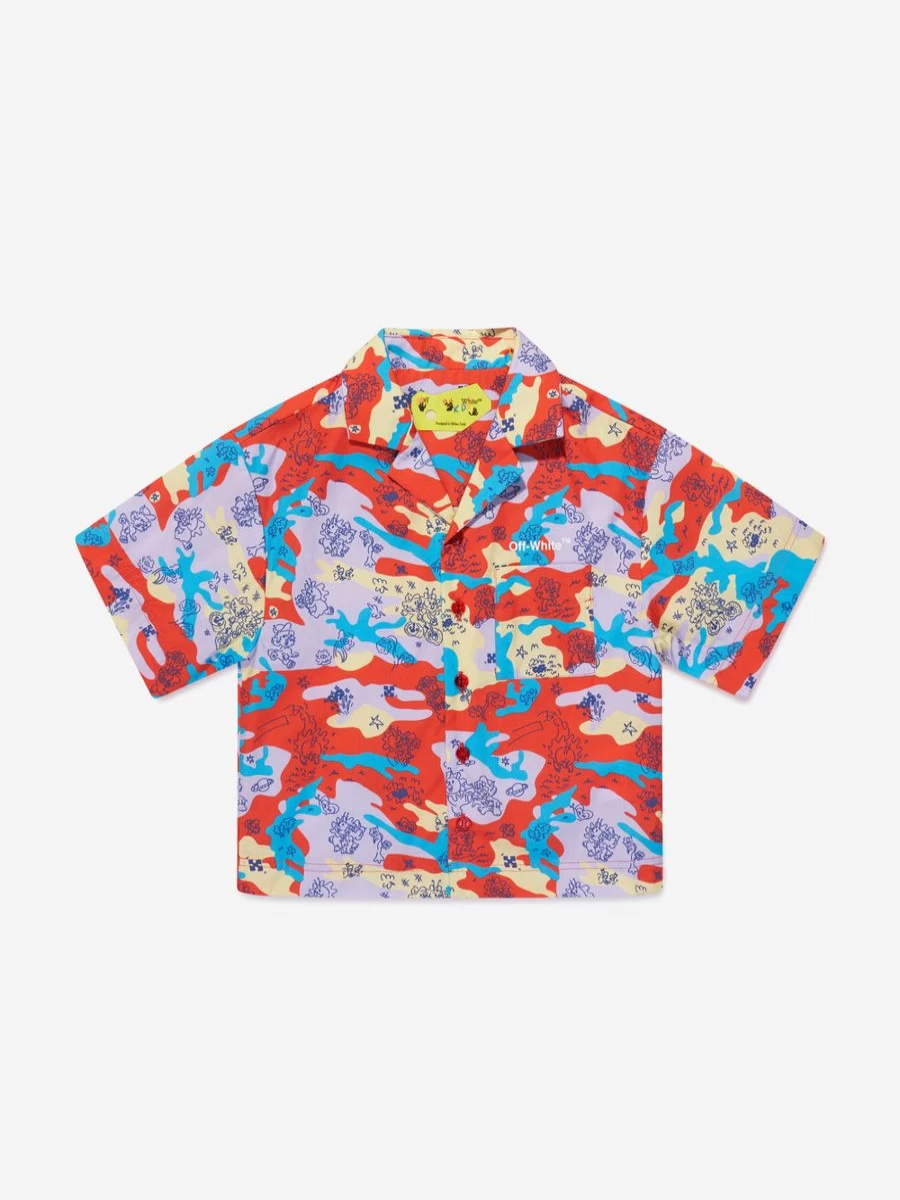 Off-White Boys Bowling Shirt - Multicolor Puzzle Print Casual Top