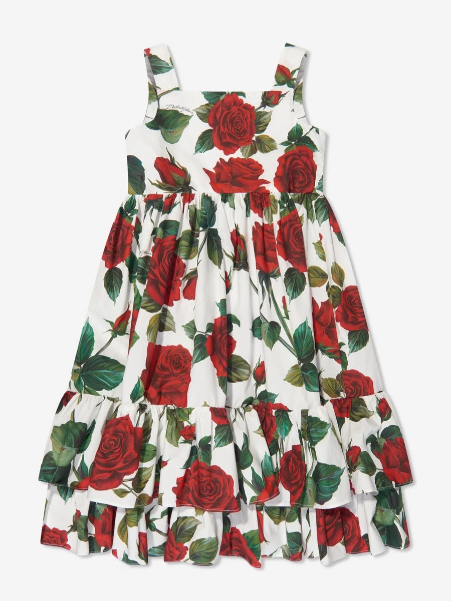 Dolce & Gabbana Kids Girls White Floral Rose Print Dress
