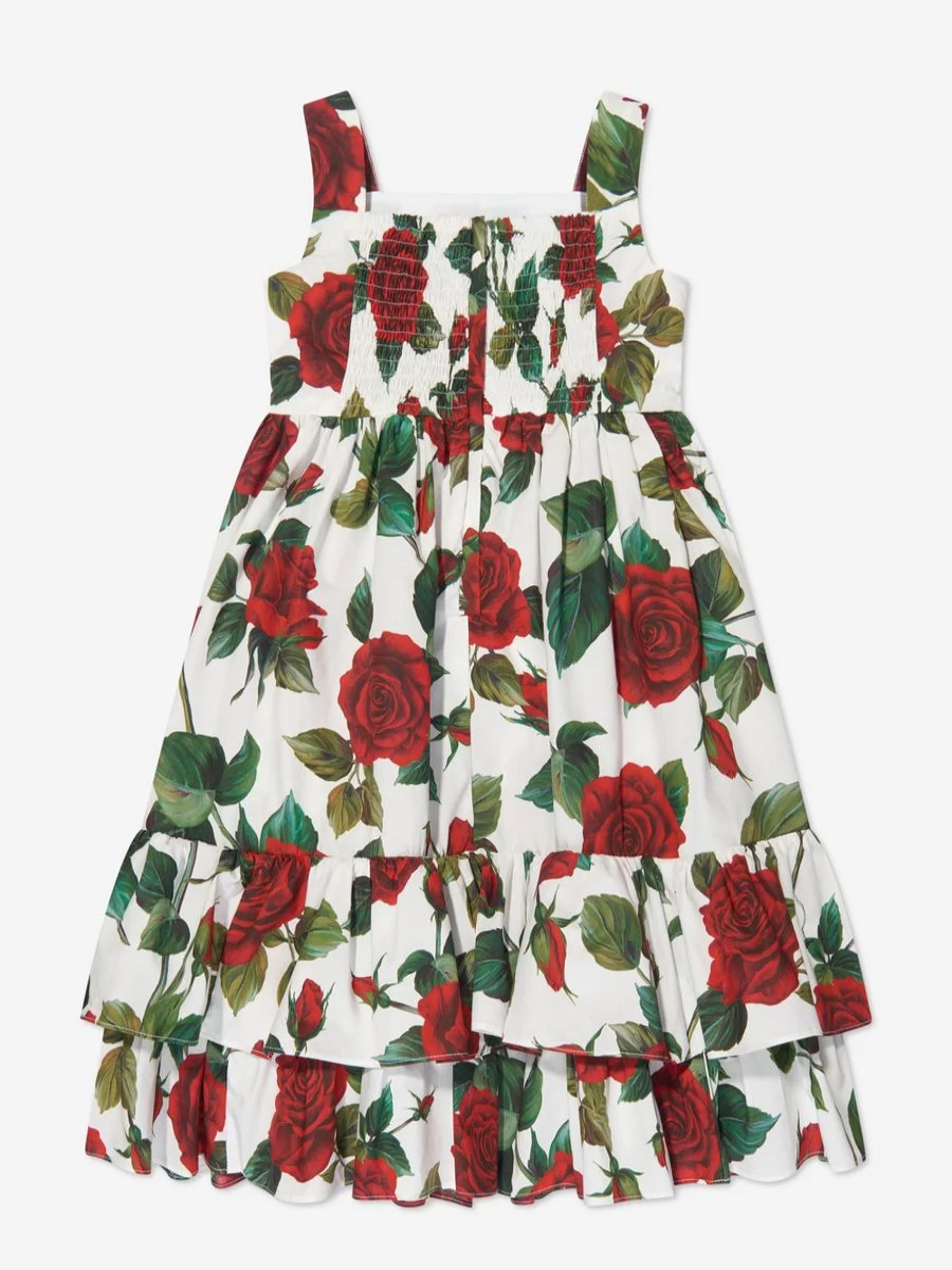 Dolce & Gabbana Kids Girls White Floral Rose Print Dress