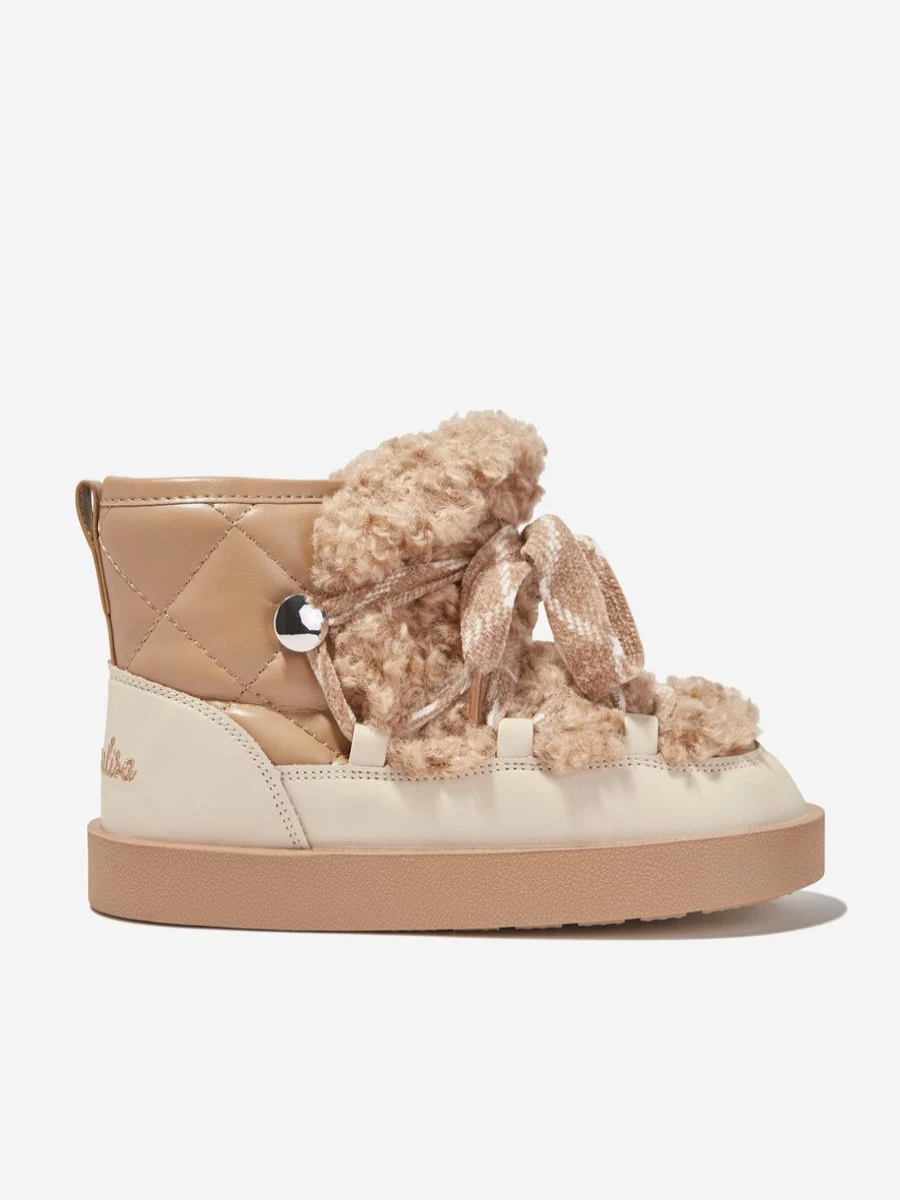 Monnalisa Girls Beige Plush Boots - Soft & Comfortable Winter Footwear for Kids