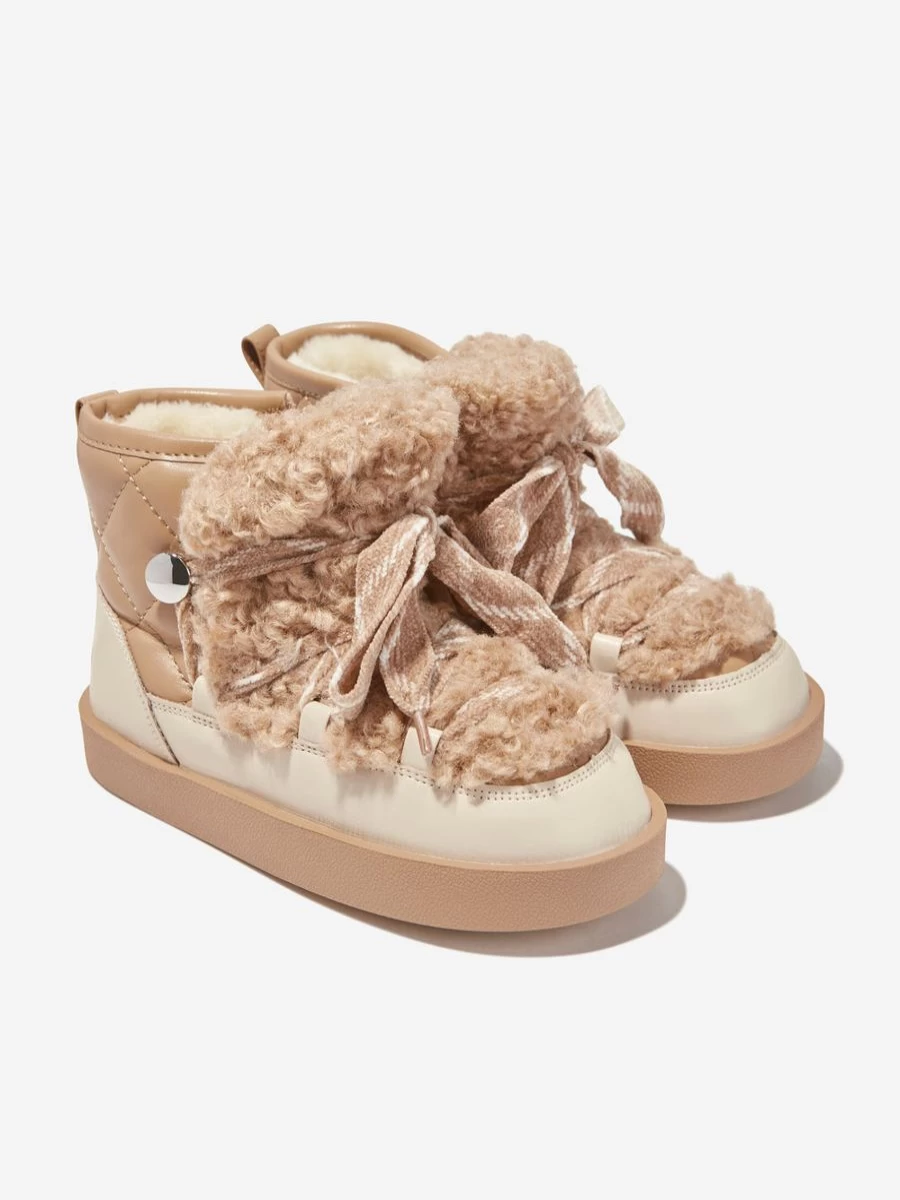 Monnalisa Girls Beige Plush Boots - Soft & Comfortable Winter Footwear for Kids