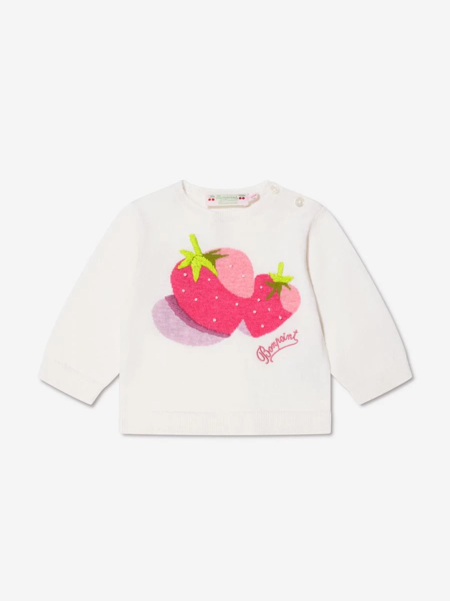 Bonpoint Baby Girls White Strawberry Knit Sweater | Girls' Fashion Clothing